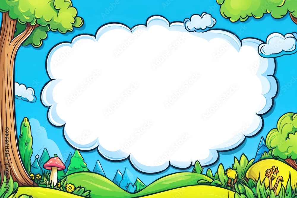 Cartoon forest landscape with cloud shape frame. Trees, grass, sky background, copy space Cartoon forest landscape with cloud shape frame. Trees, grass, sky background, copy space