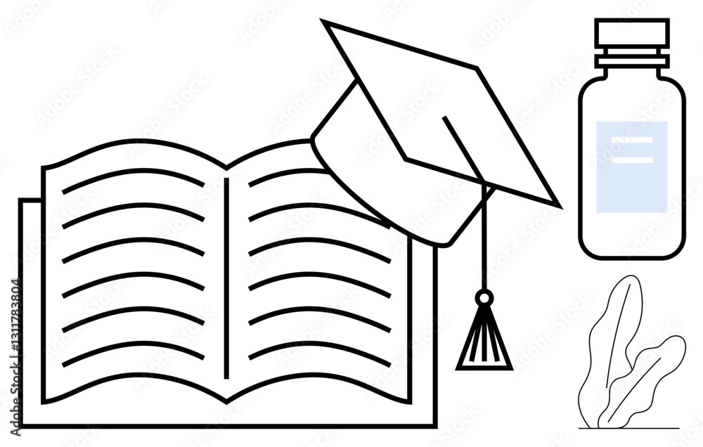 Fototapeta premium Open book paired with cap, medical bottle, and plant illustrates learning, achievement, medical education. Ideal for academic, healthcare, wellness growth success research knowledge themes. Flat