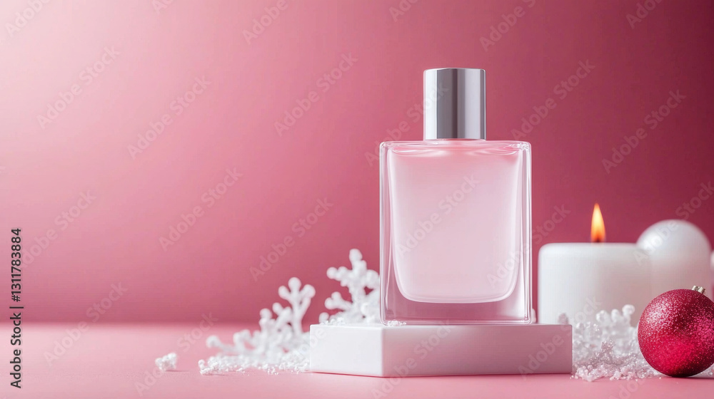 pink perfume bottle on white stand with festive decorations and candle pink perfume bottle on white stand with festive decorations and candle