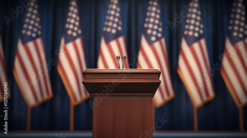 A wooden podium with a microphone stands in front of five American flags, symbolizing official government or political events
