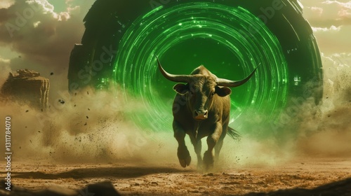 A bull charges headlong through a glowing green portal within a high-tech tunnel, creating a scene of raw power against a backdrop of sci-fi technology. Dust and debris add drama to the dynamic action