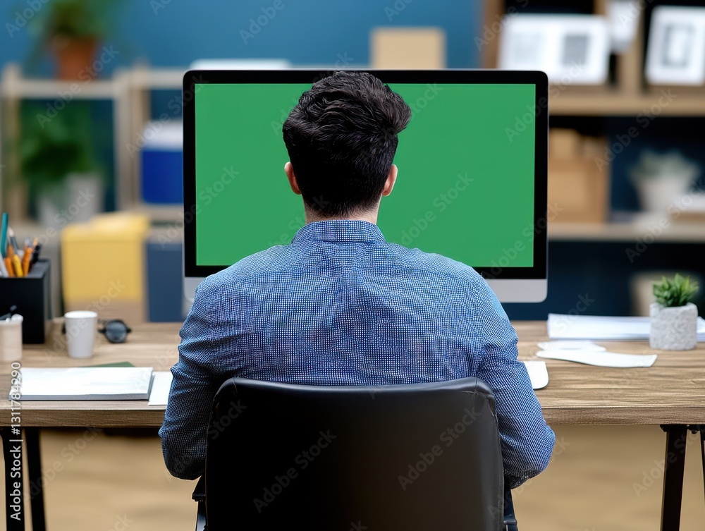 A man sits at a desk, facing a computer with a green screen, in a modern office space filled with organized items and plants A man sits at a desk, facing a computer with a green screen, in a modern office space filled with organized items and plants
