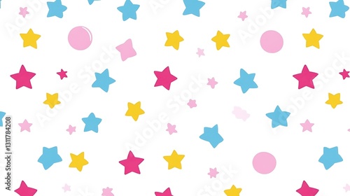 Colorful cartoon stars and shapes pattern on white