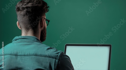 A man with curly hair, wearing a denim jacket, sits facing a laptop against a solid green background, engrossed in work