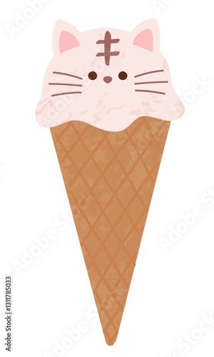虎猫の顔の形のアイスクリーム　コーンに乗ったアイスクリーム　可愛い手書きのイラスト