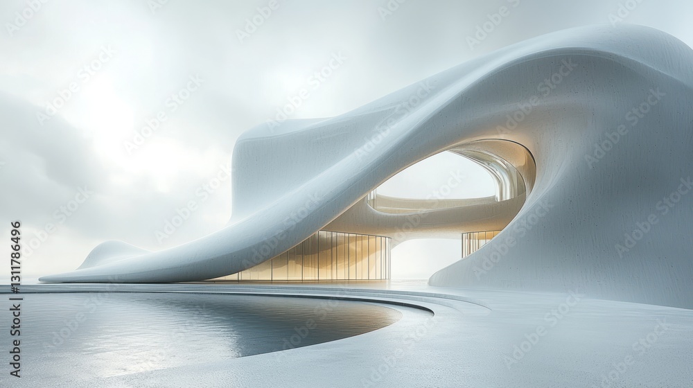 Futuristic Architecture with Fluid Design and Minimalist Aesthetic Against Cloudy Sky