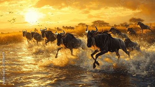 Majestic Herd of Wildebeests in Thrilling Moment