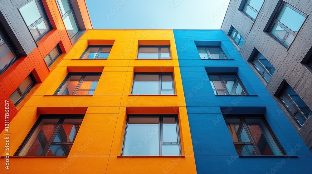 Colorful Building Facade with Windows and Blue Sky Architecture Detail Colorful Building Facade with Windows and Blue Sky Architecture Detail