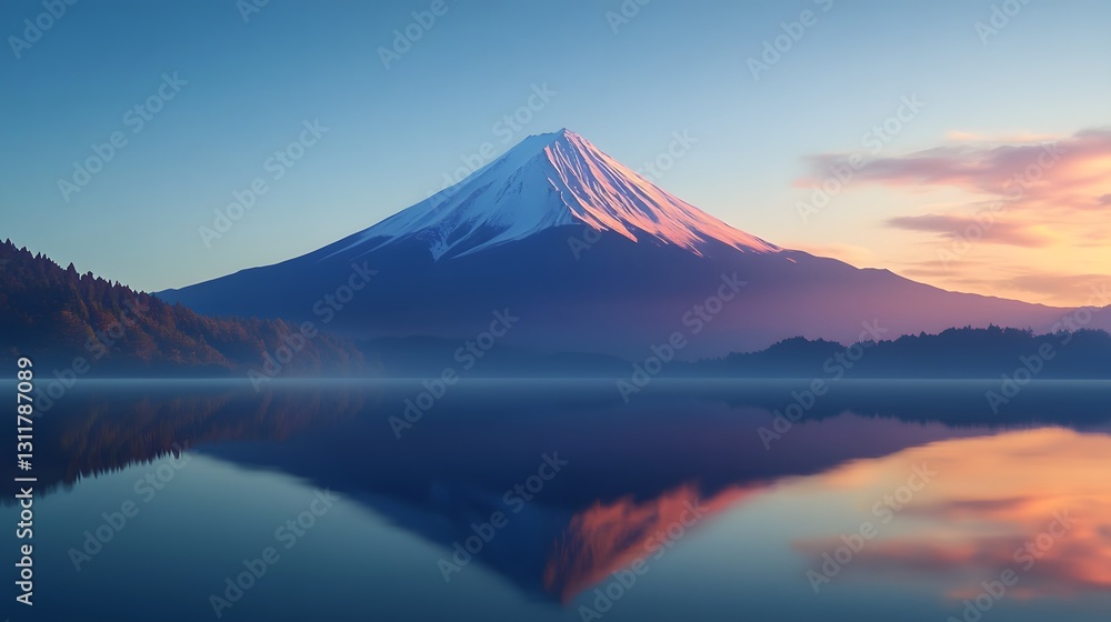 Serene Morning Reflection of Snow-Capped Mount Fuji at Sunrise Serene Morning Reflection of Snow-Capped Mount Fuji at Sunrise