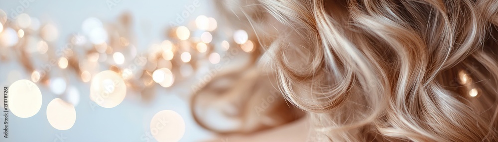 Naklejka premium Defined natural curls soak in a hydrating mist, enhancing their shine and texture against a softly blurred background of warm golden bokeh, creating a radiant beauty effect