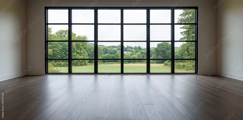A spacious interior room with a large window showcasing a lush green landscape outside. A spacious interior room with a large window showcasing a lush green landscape outside.