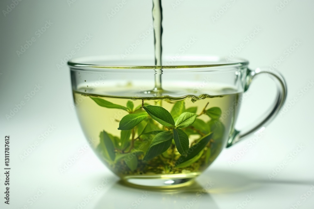 Fresh green tea being poured into a clear cup Fresh green tea being poured into a clear cup