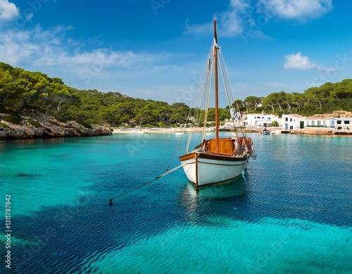 Generated image A traditional Menorcan boat (llaüt) docked at a serene port, surrounded by calm waters photo