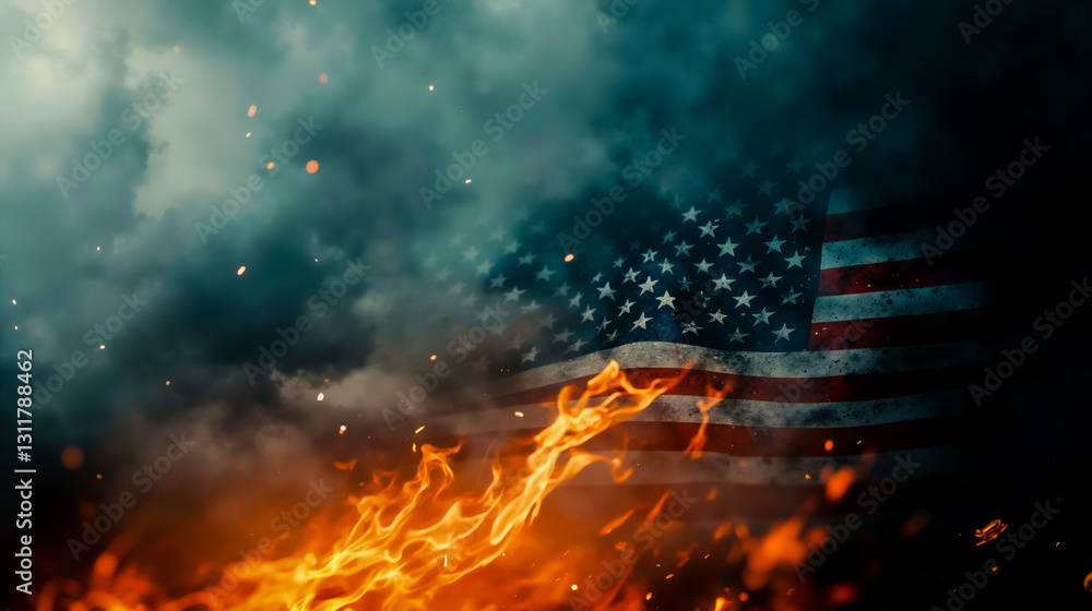 Fototapeta premium An american flag on fire with a cloudy sky in the background