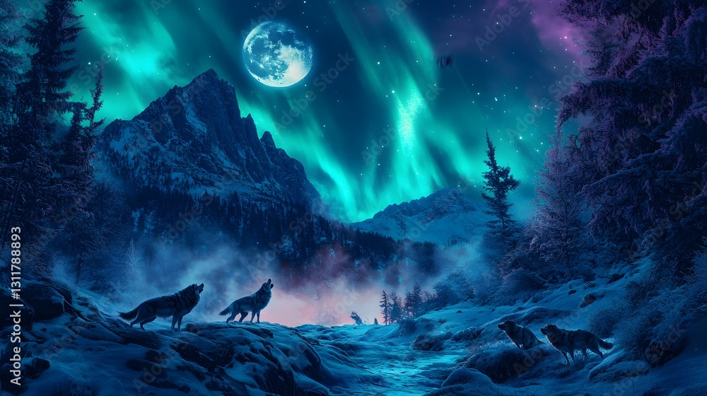 Fototapeta premium Majestic Wolves Under Vibrant Aurora Borealis in Winter Landscape