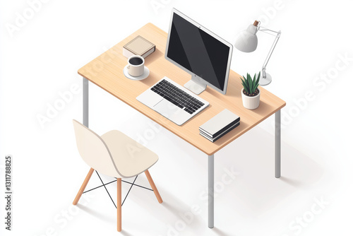 Minimalist workspace with wooden desk, laptop, lamp, and plant