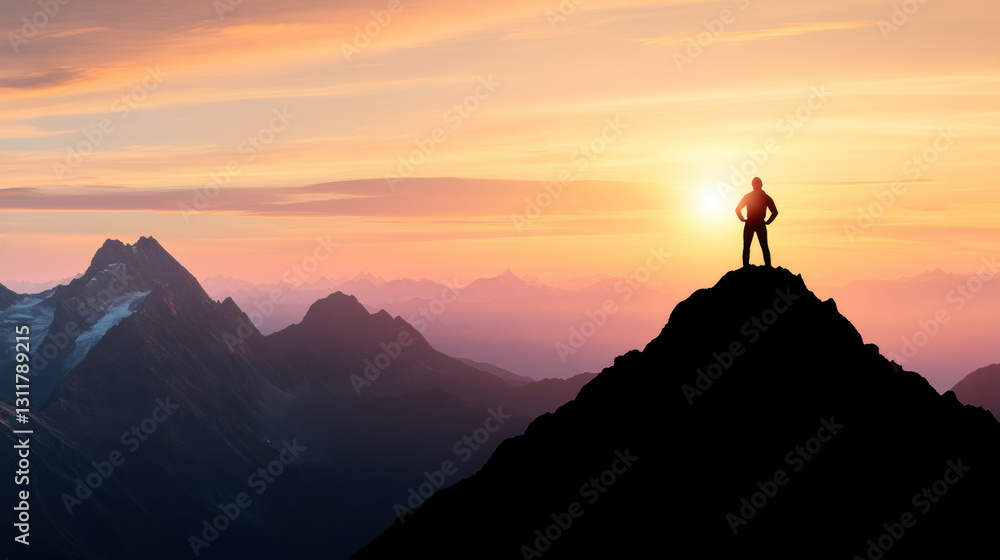 A person stands on a mountain peak at sunrise, surrounded by breathtaking landscape views. A person stands on a mountain peak at sunrise, surrounded by breathtaking landscape views.