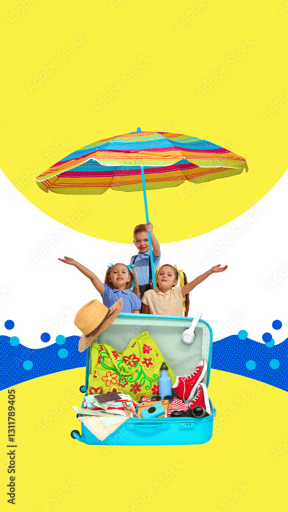 Fototapeta premium Excited children standing behind suitcase filled with travel essentials, holding colorful umbrella, celebrating joy of vacation under bright sun. Concept of childhood, adventure, summer, travelling