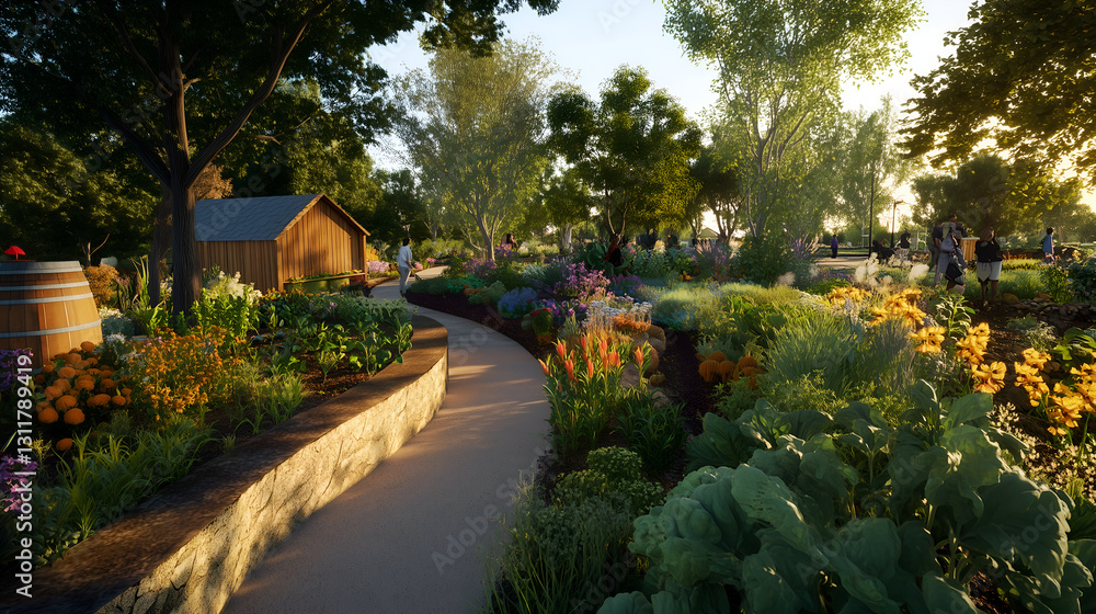 Community garden with diverse plants and a rainwater harvesting system Community garden with diverse plants and a rainwater harvesting system