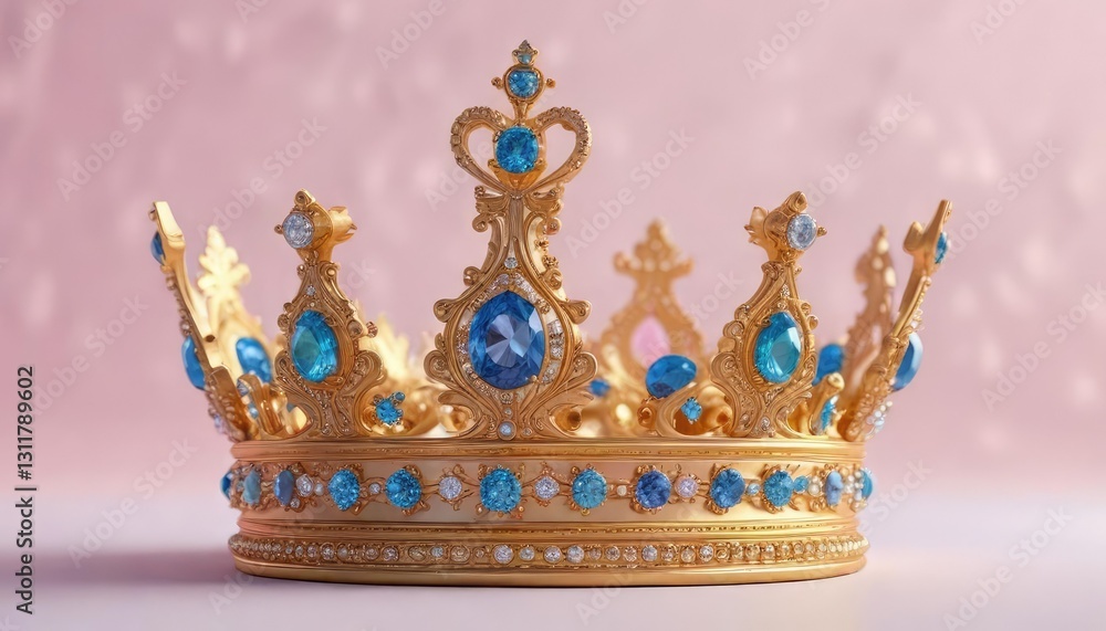 Obraz premium Ornate gold crown with precious jewels on a soft pink and blue gradient background, gold crown, velvet, expensive looking