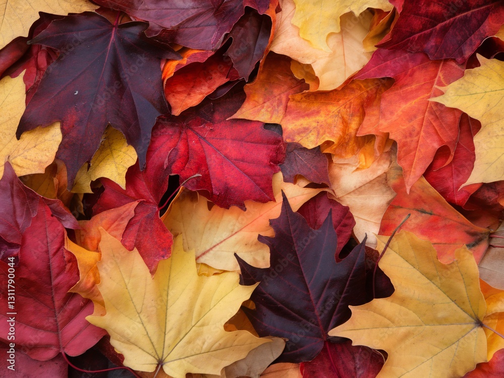 Fototapeta premium Colorful autumn leaves in vibrant shades of red, yellow, and orange, creating a warm, seasonal backdrop.