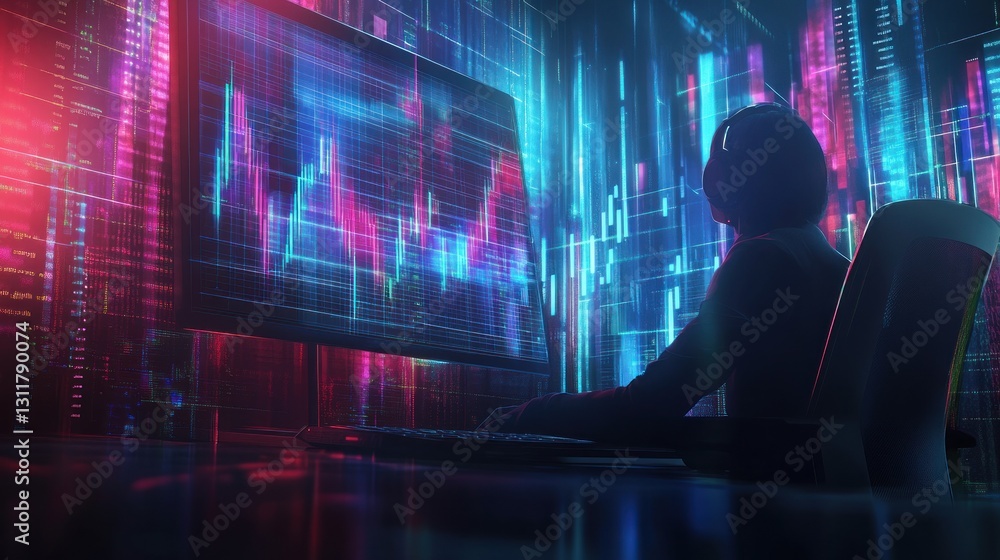 Analyzing Stock Market Data on Computer with Neon City Background Analyzing Stock Market Data on Computer with Neon City Background
