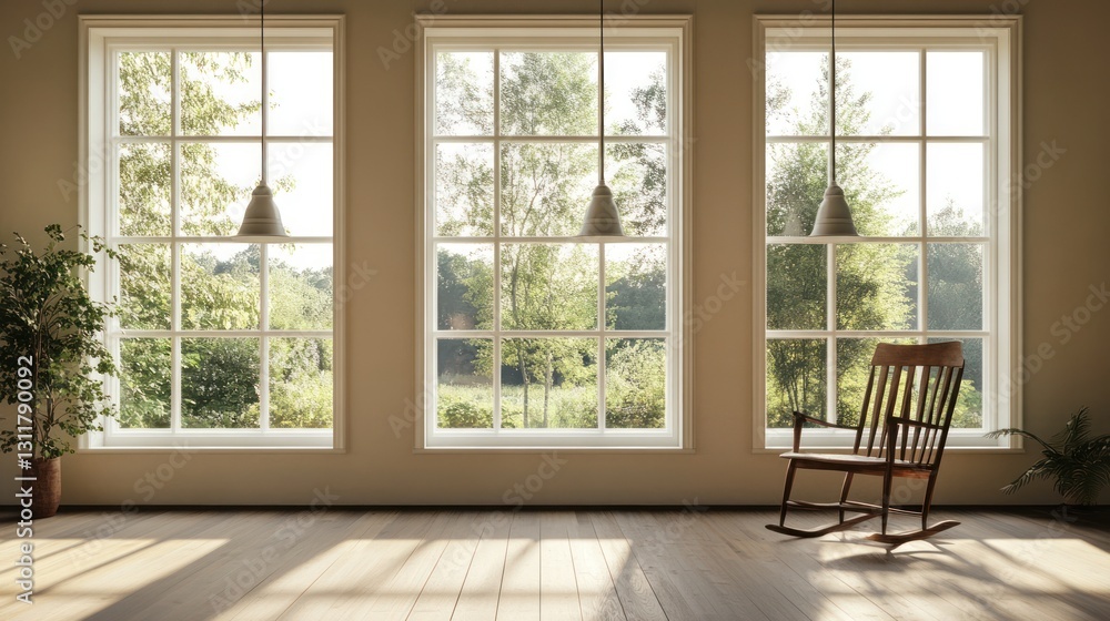 Spacious room with large windows, peaceful view, rocking chair. Interior design Spacious room with large windows, peaceful view, rocking chair. Interior design