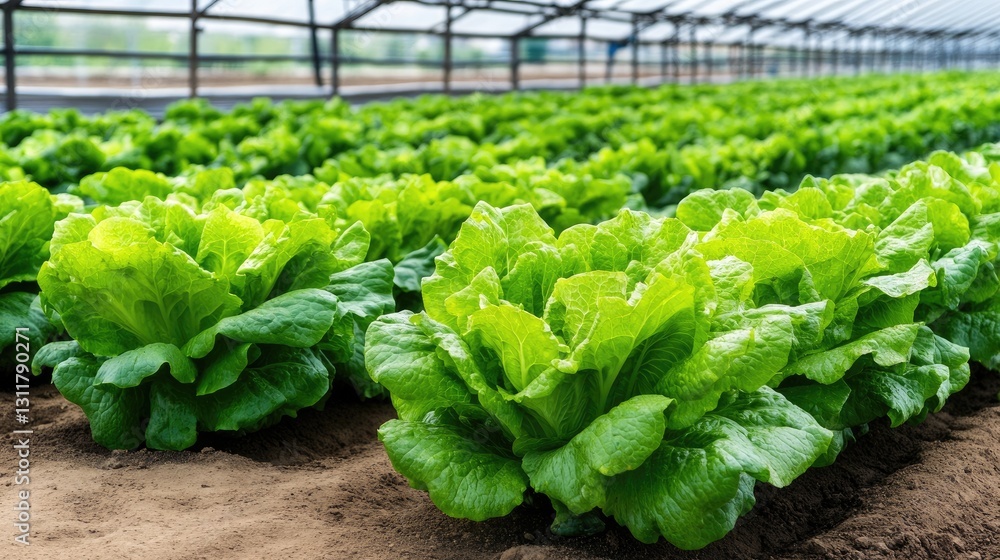 Large modern greenhouse features orderly rows of lettuce and salad greens, with clear labels enhancing the aesthetic and educational value Large modern greenhouse features orderly rows of lettuce and salad greens, with clear labels enhancing the aesthetic and educational value