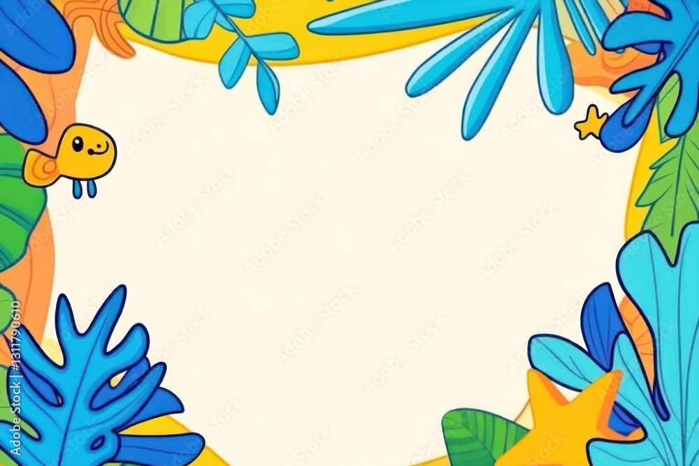 Cartoon turtle, starfish, tropical leaves framing blank space. Happy ocean life background Cartoon turtle, starfish, tropical leaves framing blank space. Happy ocean life background