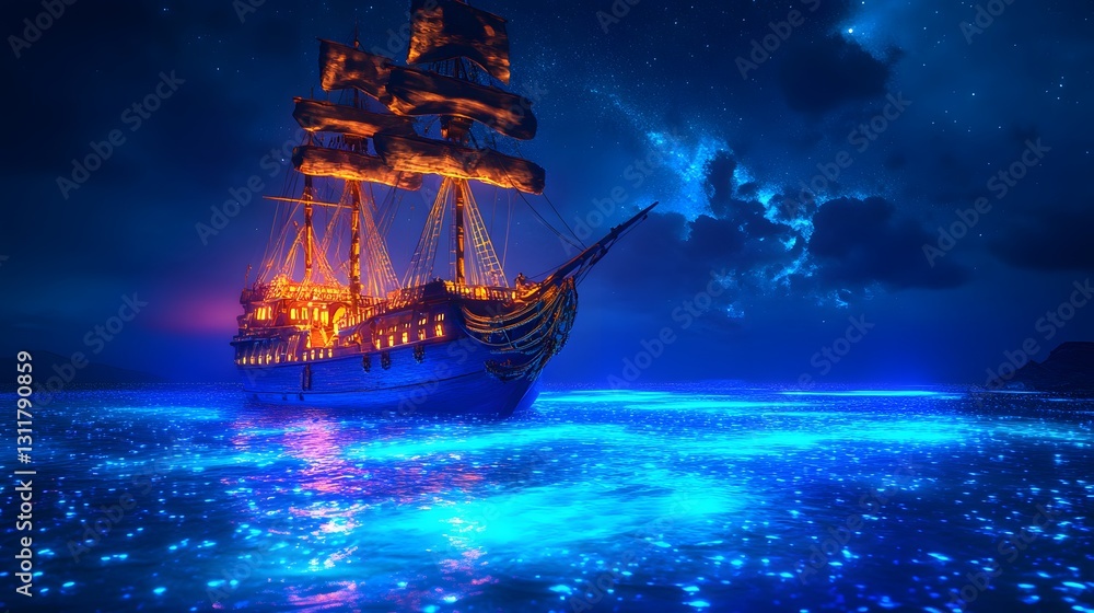 Fototapeta premium Glowing Ship at Night on Mystical Ocean with Starry Sky