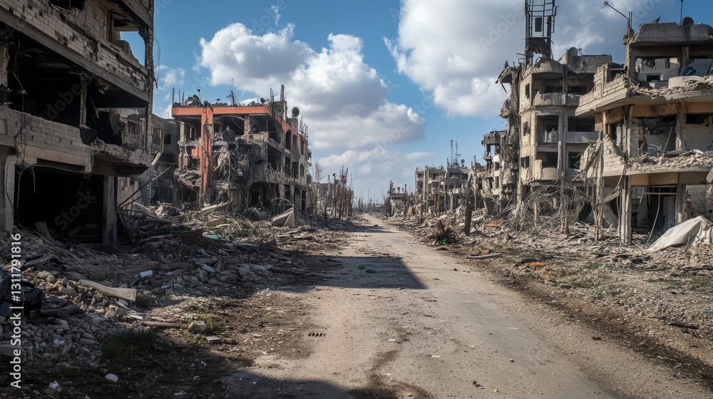 A bombed-out residential area with shattered windows, debris-covered roads, and a sense of despair A bombed-out residential area with shattered windows, debris-covered roads, and a sense of despair