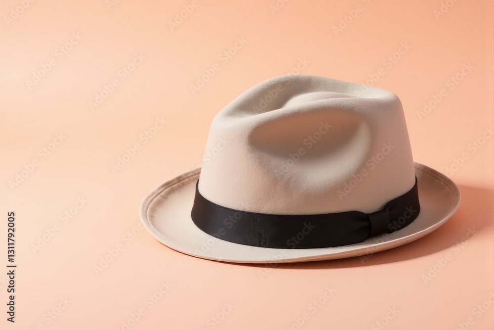 Fashionable fedora hat displayed on a pastel soft peach backdrop Fashionable fedora hat displayed on a pastel soft peach backdrop