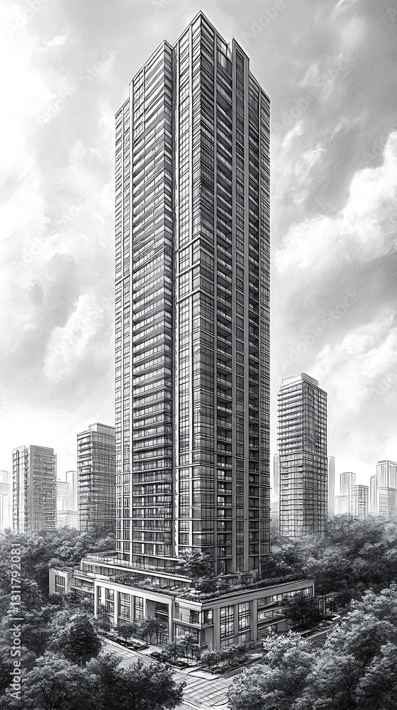 Fototapeta premium Modern skyscraper sketch realistic high resolution hd image