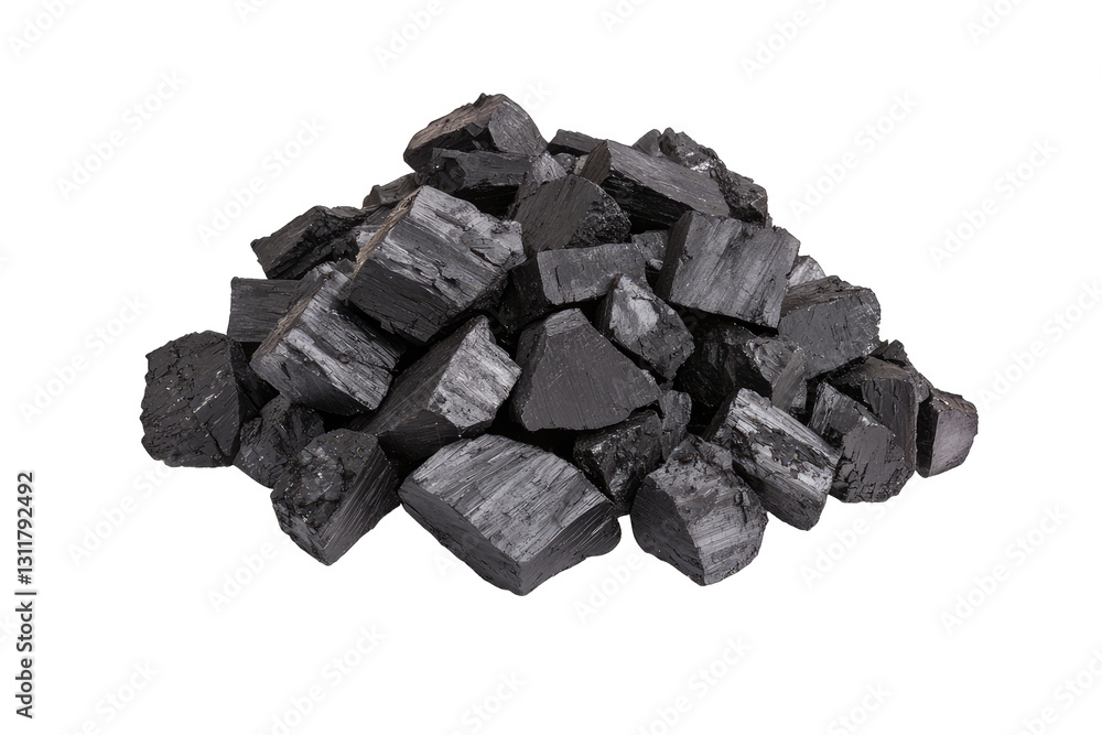 A pile of natural charcoal pieces on a white background. A pile of natural charcoal pieces on a white background.