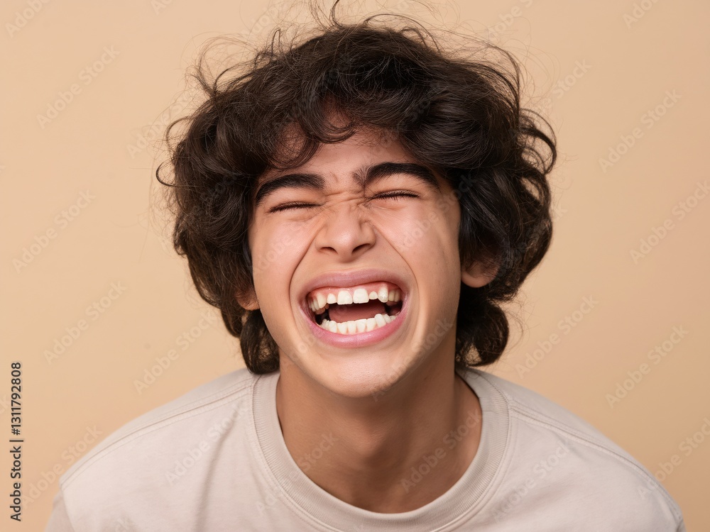 Joyful young boy with curly hair laughing against a light background. Joyful young boy with curly hair laughing against a light background.