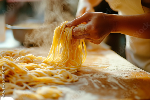 A close-up of a hand holding freshly made homemade pasta. The strands of dough are soft and lightly dusted with flour