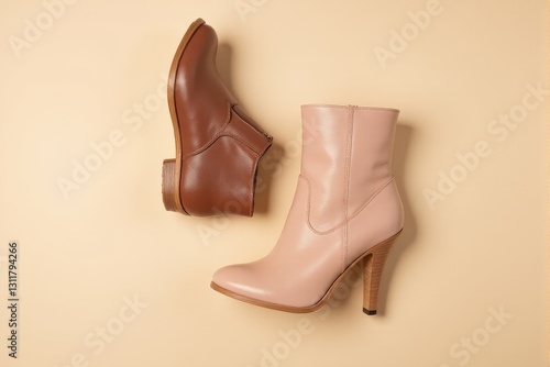 Fashion forward leather boots displayed on a pastel dreamy beige background