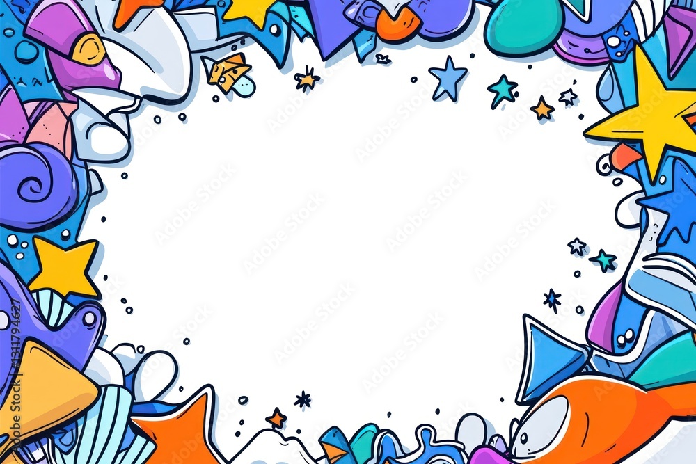 Colorful cartoon shapes frame a white empty space with doodle style design, whimsical background Colorful cartoon shapes frame a white empty space with doodle style design, whimsical background