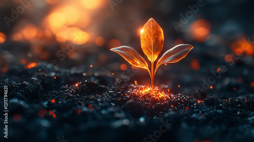 Glowing Seedling Growing from Ashes at Sunset