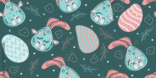 Seamless Doodle Happy Easter bunny and eggs pattern. Editable stroke. Background decorated with branches, dots. Vector hand drawn illustration in blue, pink colors. Isolated on green background	