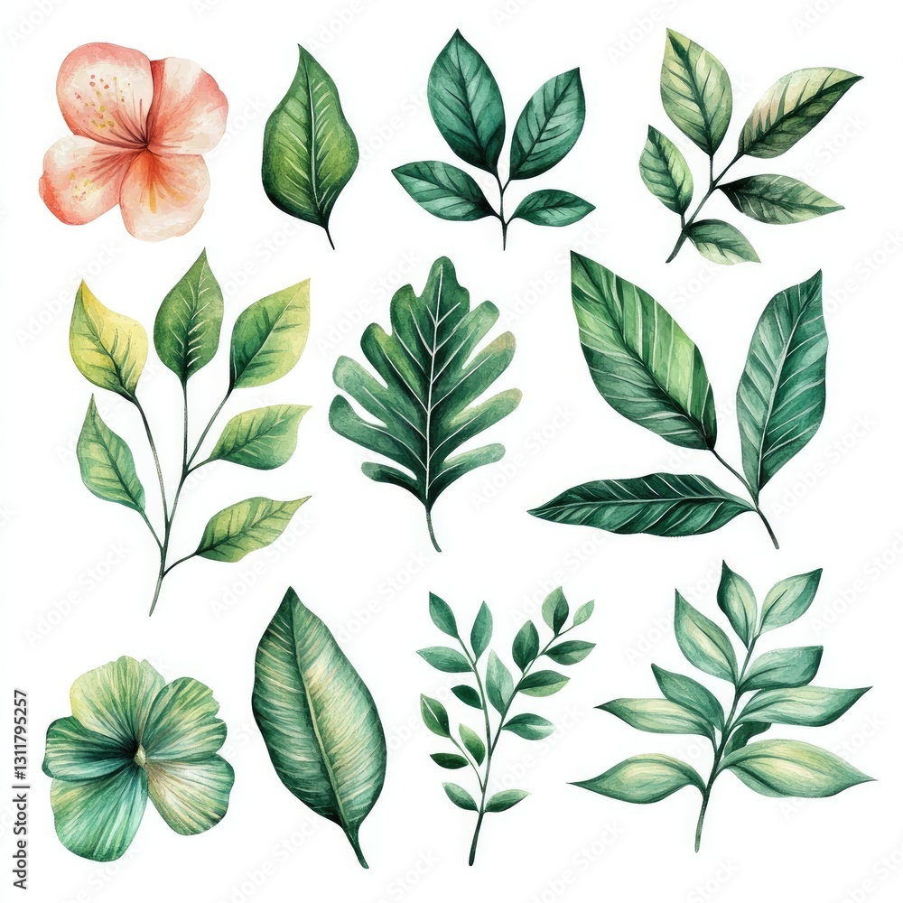 Set collection of green leaves and flowers in watercolor style Set collection of green leaves and flowers in watercolor style