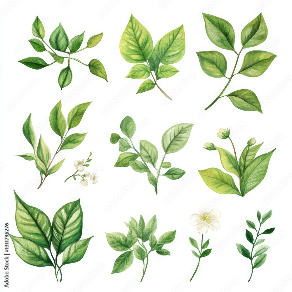 Set collection of green leaves and flowers in watercolor style Set collection of green leaves and flowers in watercolor style