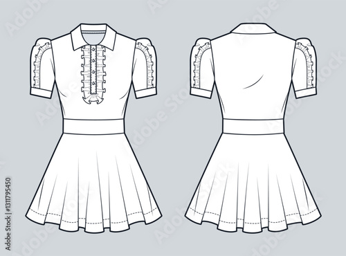 Ruffled Polo Dress Technical Fashion Illustration. Jersey mini Dress fashion flat technical drawing template, flare, slim fit, front and back view, white, women CAD mockup.