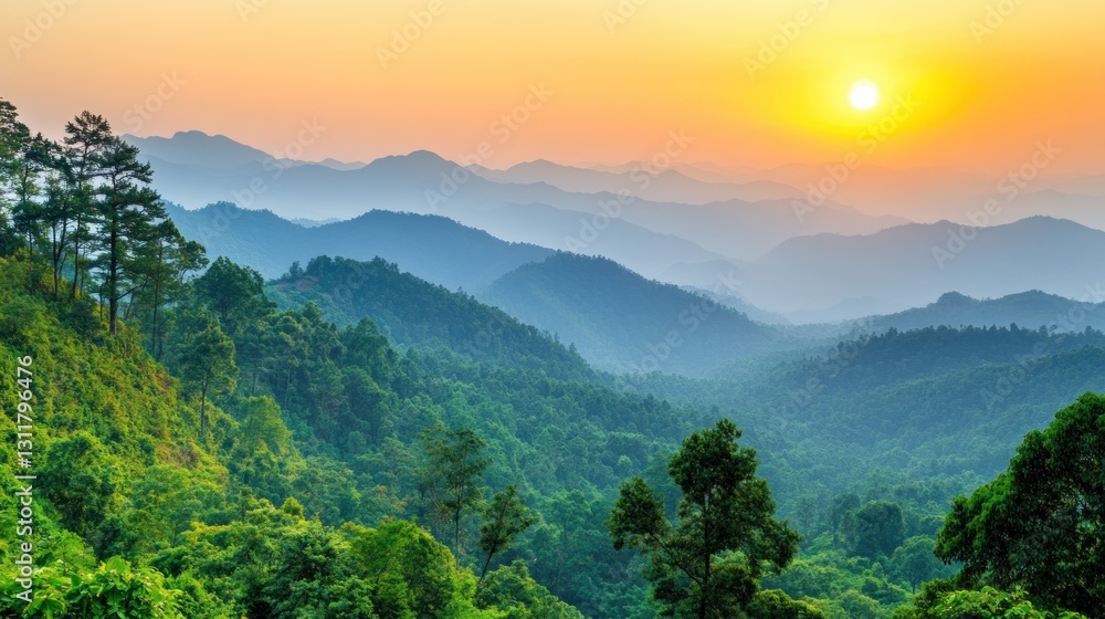 Fototapeta premium Overlooking Green Mountain Range at Sunset with Dramatic Orange Sky