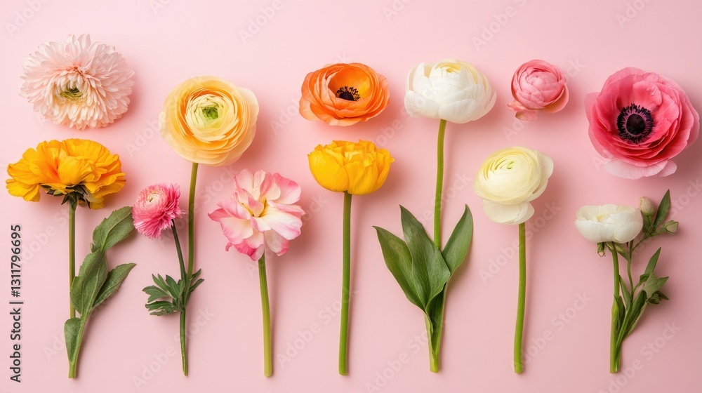 Obraz premium Vibrant springtime flowers in full bloom, beautifully displayed on a pastel background.