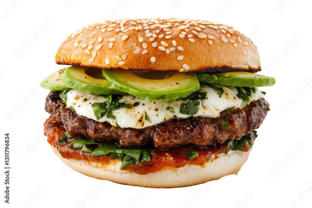 A delicious gourmet burger with avocado and fresh greens, set against a clean background. PNG transparent background A delicious gourmet burger with avocado and fresh greens, set against a clean background. PNG transparent background