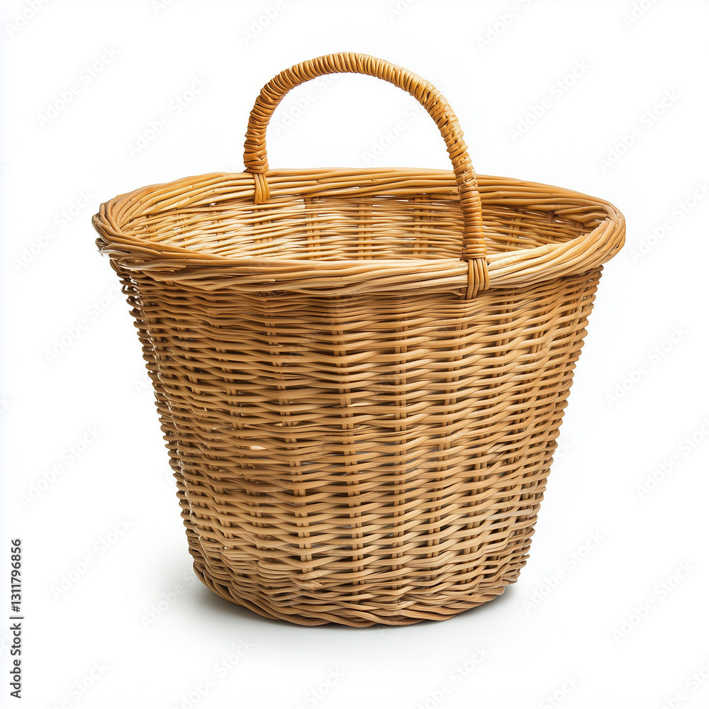 Obraz premium Sleek and Practical: Empty Wooden Wicker Laundry Basket Isolated on White for Minimalist Storage, wicker basket isolated on white
