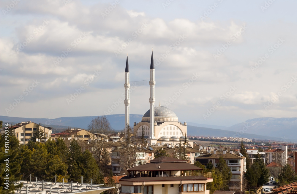 Naklejka premium On the horizon, a mosque with two minarets, along with other buildings