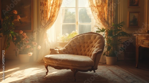 Gilded antique lounge chair in a neoclassical salon, towering window, floral drapes, golden hour sunlight