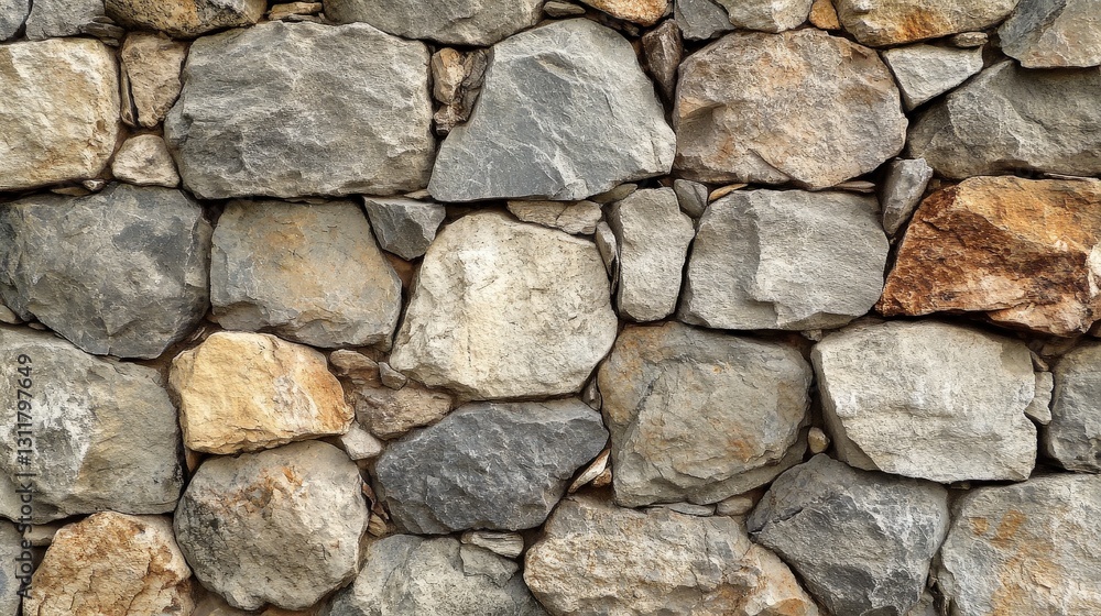 A majestic stone wall weaves together shades of gray, brown, and beige in a harmonious staggered pattern, inviting a sense of rustic elegance and timeless strength A majestic stone wall weaves together shades of gray, brown, and beige in a harmonious staggered pattern, inviting a sense of rustic elegance and timeless strength